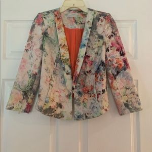 Zara Floral Cropped Cotton Blazer S White Pink